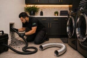 Professional dryer vent cleaning service removing lint buildup from vent using vacuum hose in modern laundry room