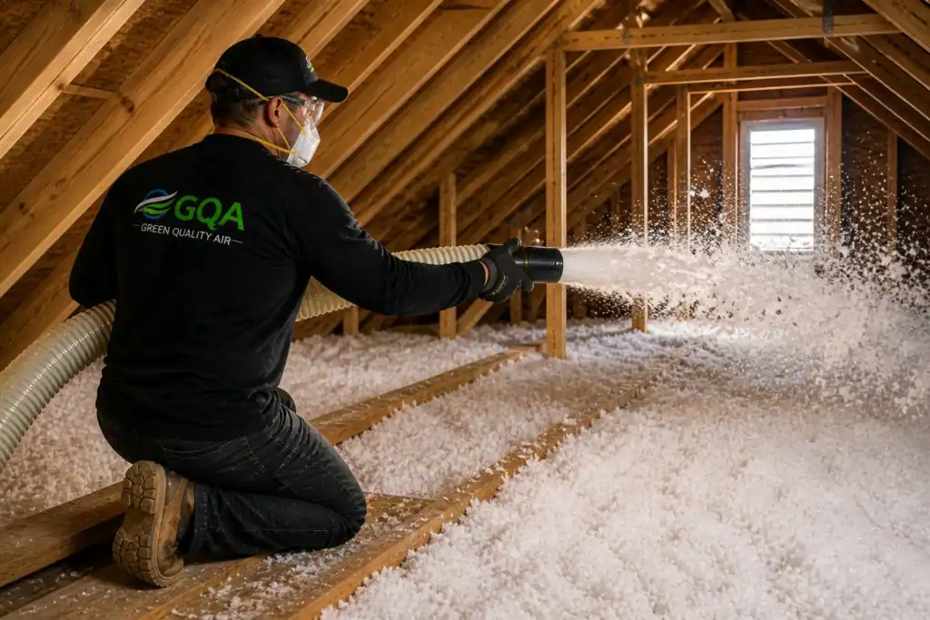 Green Quality Air technician installing attic insulation