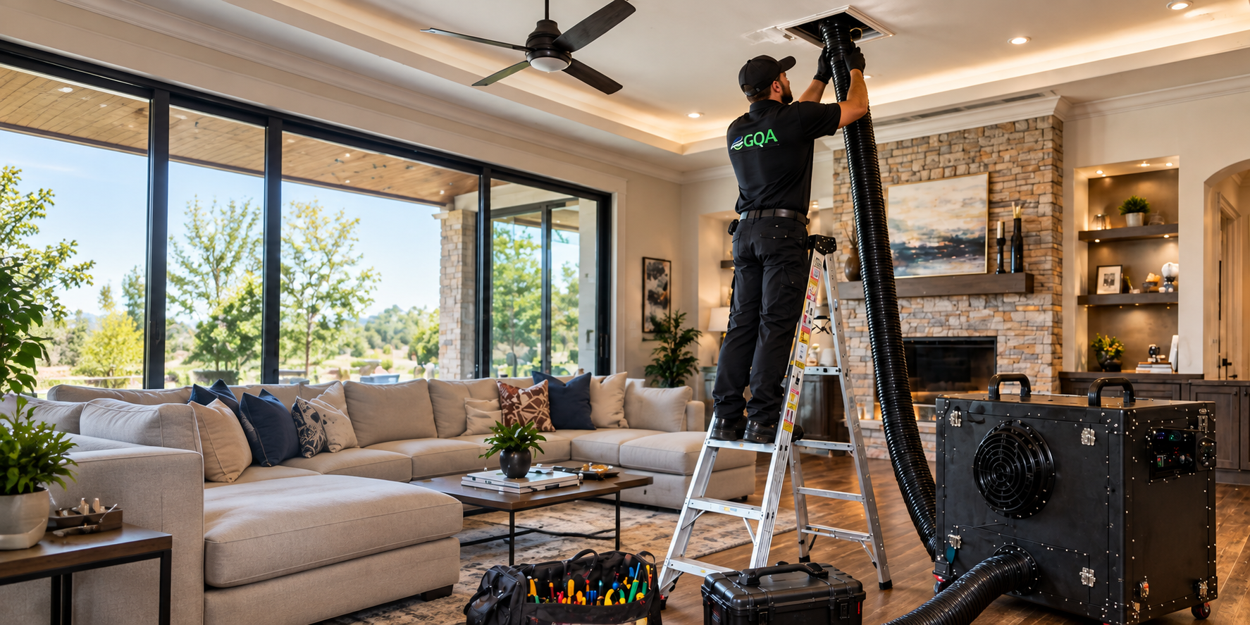 GQA technician on the right connecting negative air hose to ceiling vent